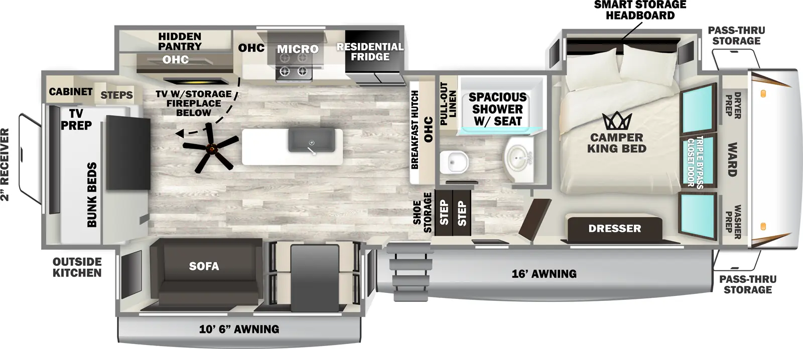 The Sabre 32BHT has one entry and three slide outs. Exterior features include: fiberglass exterior, 10'6" & 16' awning and outside kitchen. Interiors features include: bunk beds, kitchen island and front bedroom.